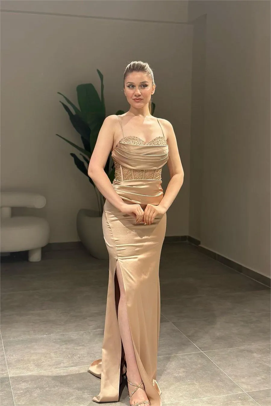 Ballbellas Chic Ink Blue Spaghetti Strap Sleeveless Pleated Long Split Evening Dress with Beadings