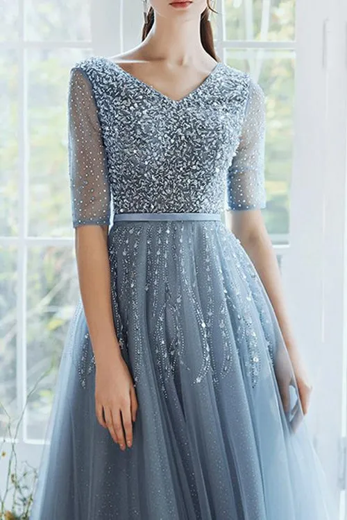 ballbellas Dusty Blue Hale Sleeves Long Evening Dress Lace-Up With Sequins On Sale