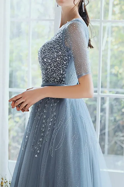 ballbellas Dusty Blue Hale Sleeves Long Evening Dress Lace-Up With Sequins On Sale