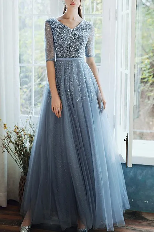 ballbellas Dusty Blue Hale Sleeves Long Evening Dress Lace-Up With Sequins On Sale