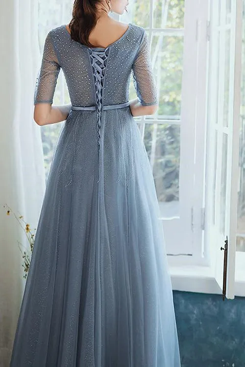 ballbellas Dusty Blue Hale Sleeves Long Evening Dress Lace-Up With Sequins On Sale
