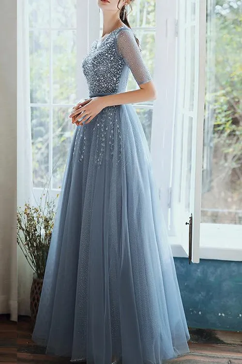 ballbellas Dusty Blue Hale Sleeves Long Evening Dress Lace-Up With Sequins On Sale