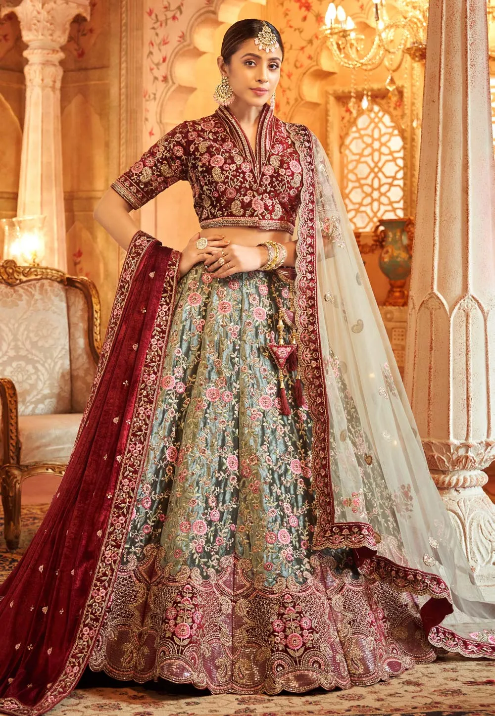 Beautiful Designer Bridal Velvet  Pista Wedding Lehenga