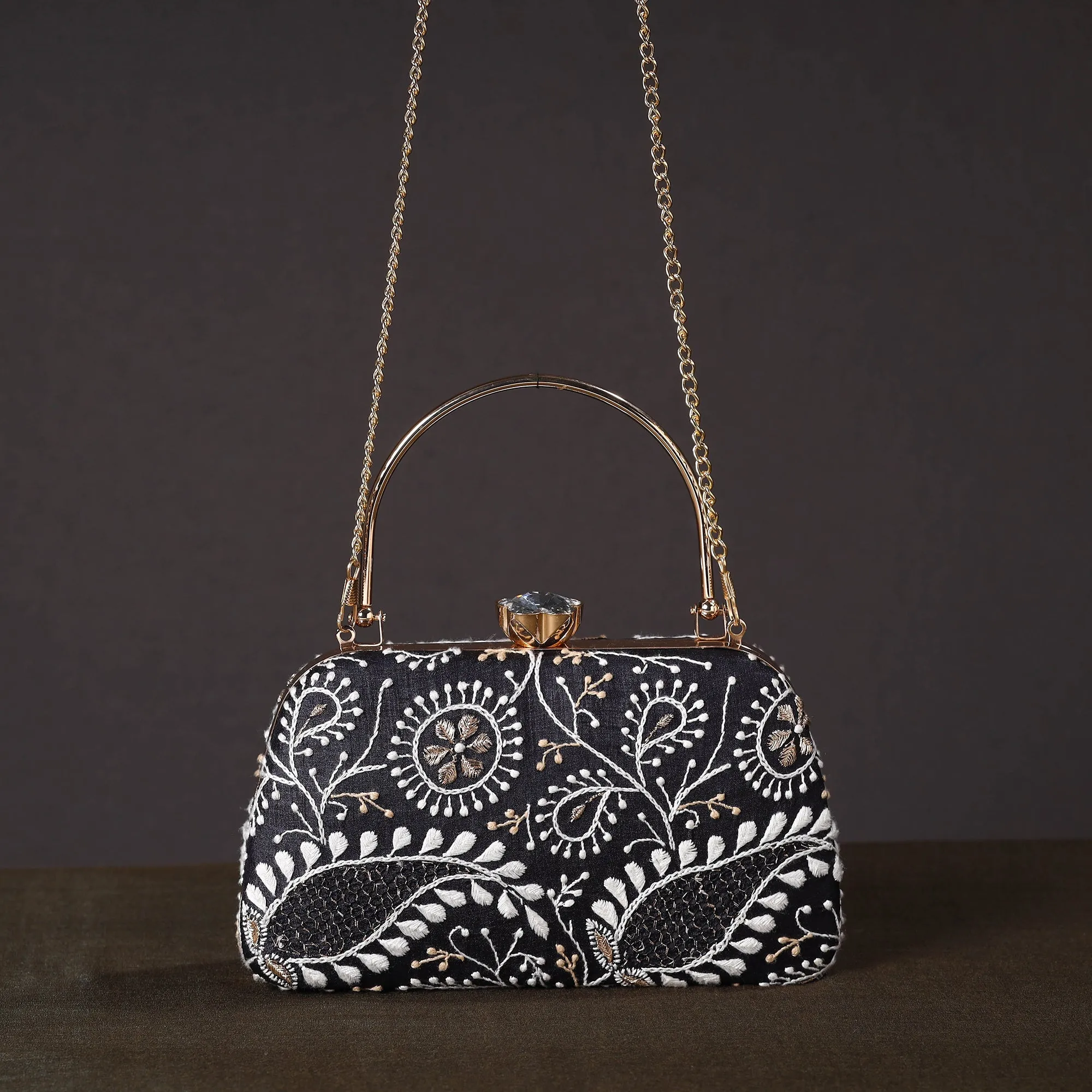 Black - Chikankari Hand Embroidery Tussar Silk Clutch / Sling Bag 01