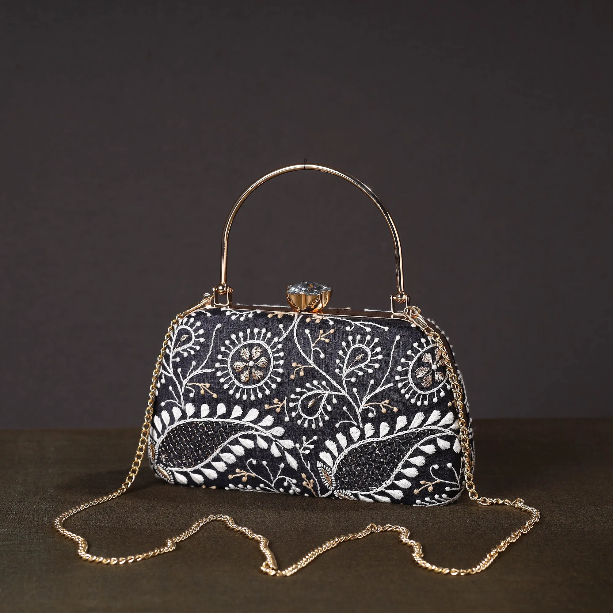 Black - Chikankari Hand Embroidery Tussar Silk Clutch / Sling Bag 01