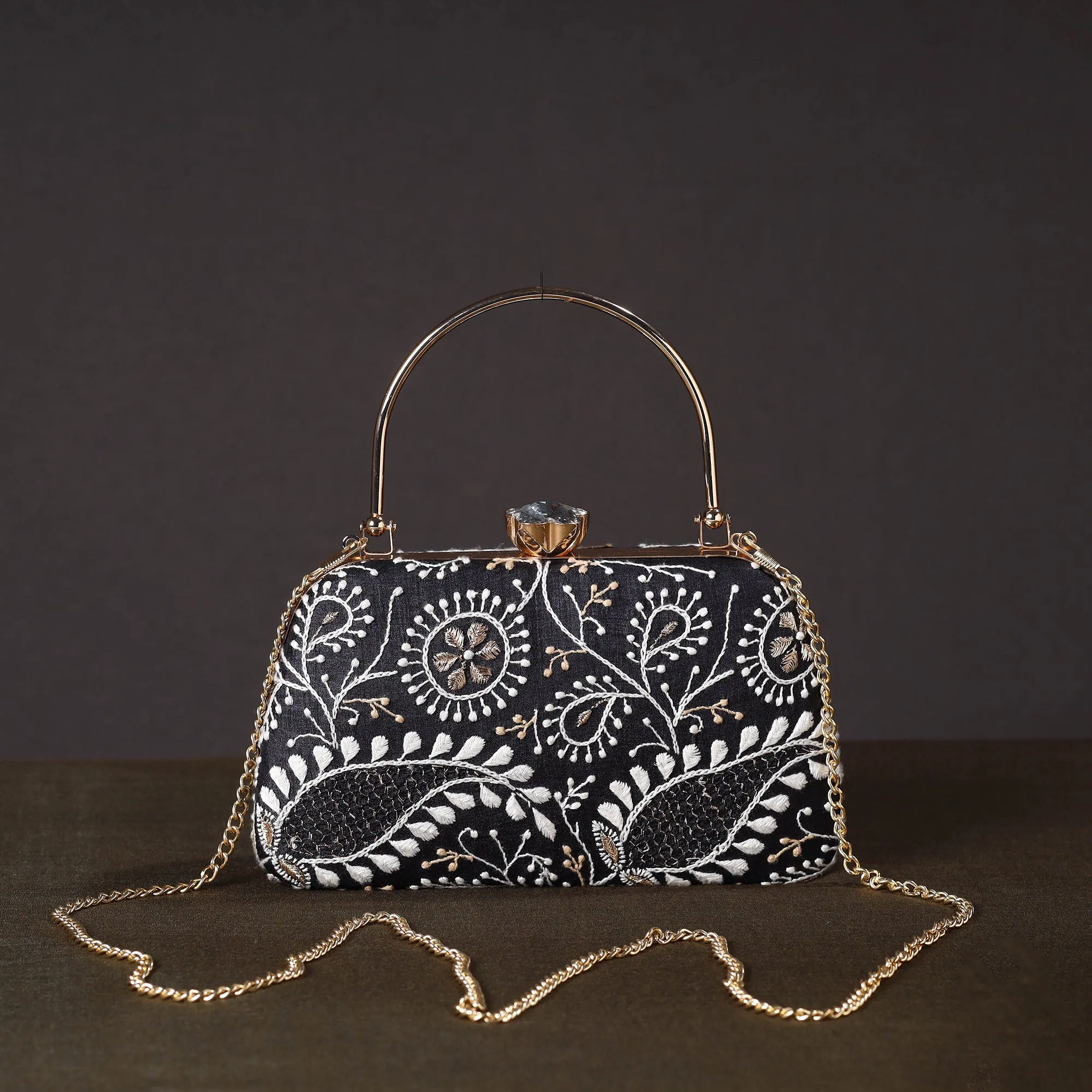 Black - Chikankari Hand Embroidery Tussar Silk Clutch / Sling Bag 01