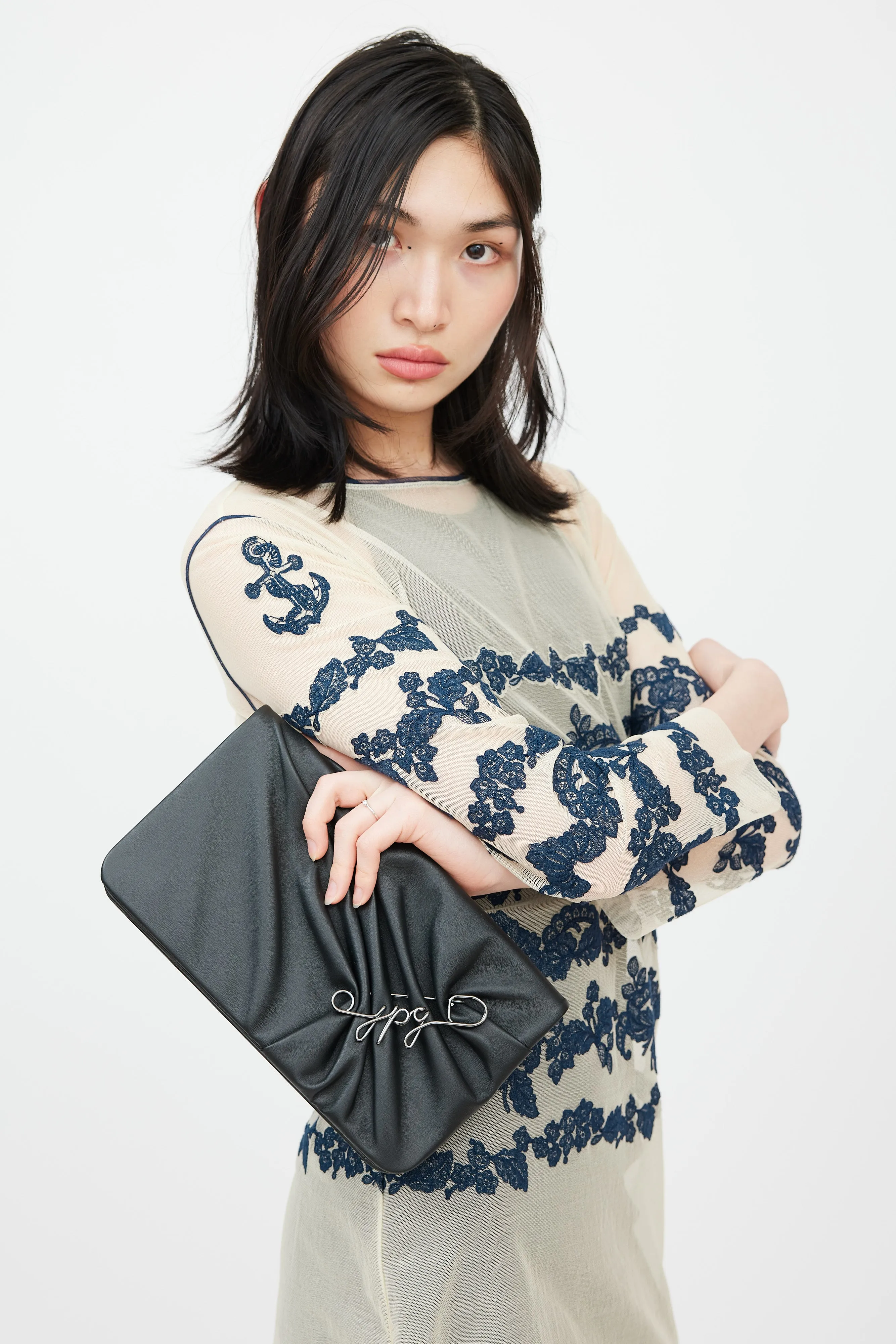 Black Leather Logo Safety Pin Clutch