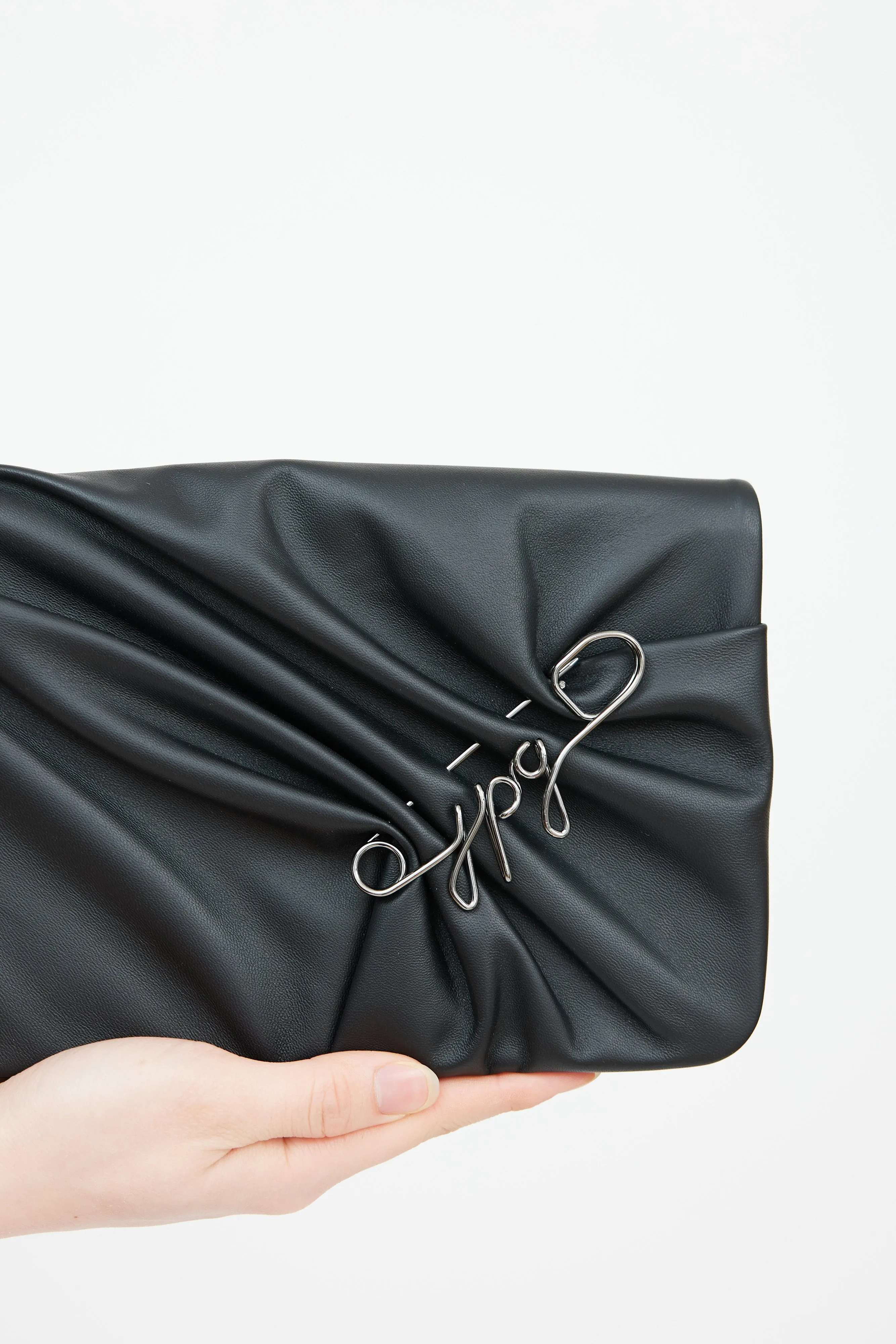 Black Leather Logo Safety Pin Clutch