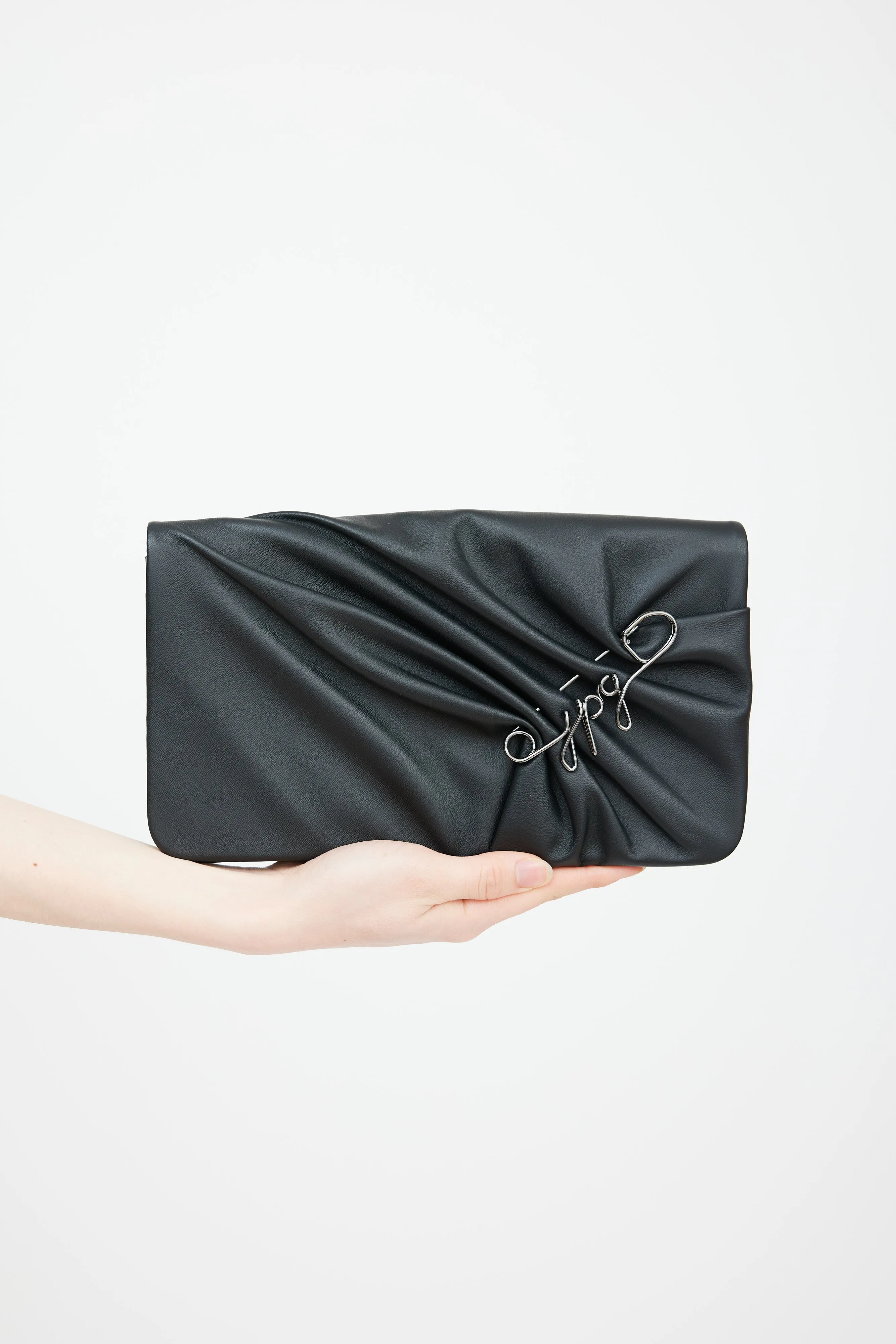 Black Leather Logo Safety Pin Clutch