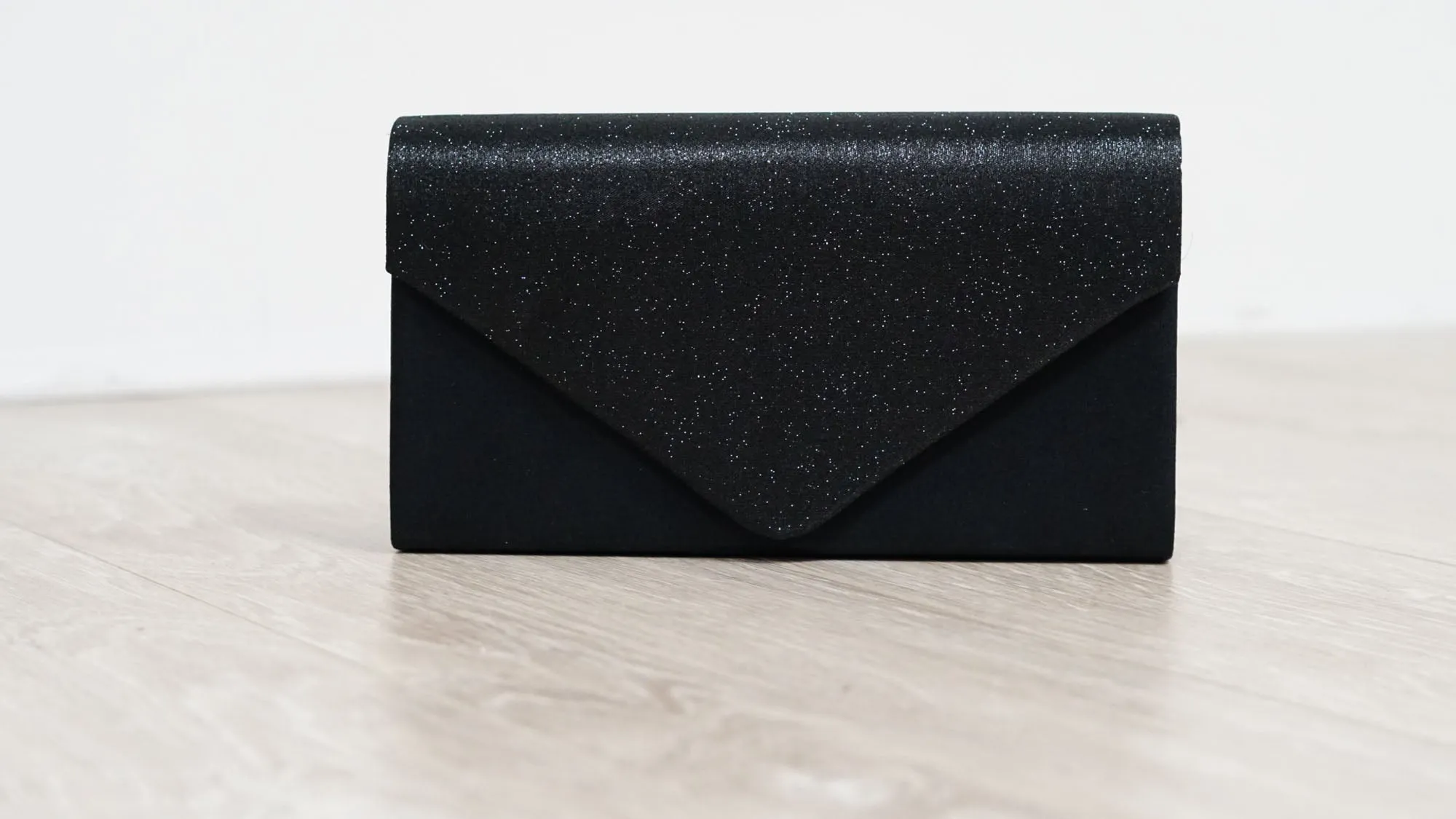 Black Sparkle and Satin Envelope Clutch