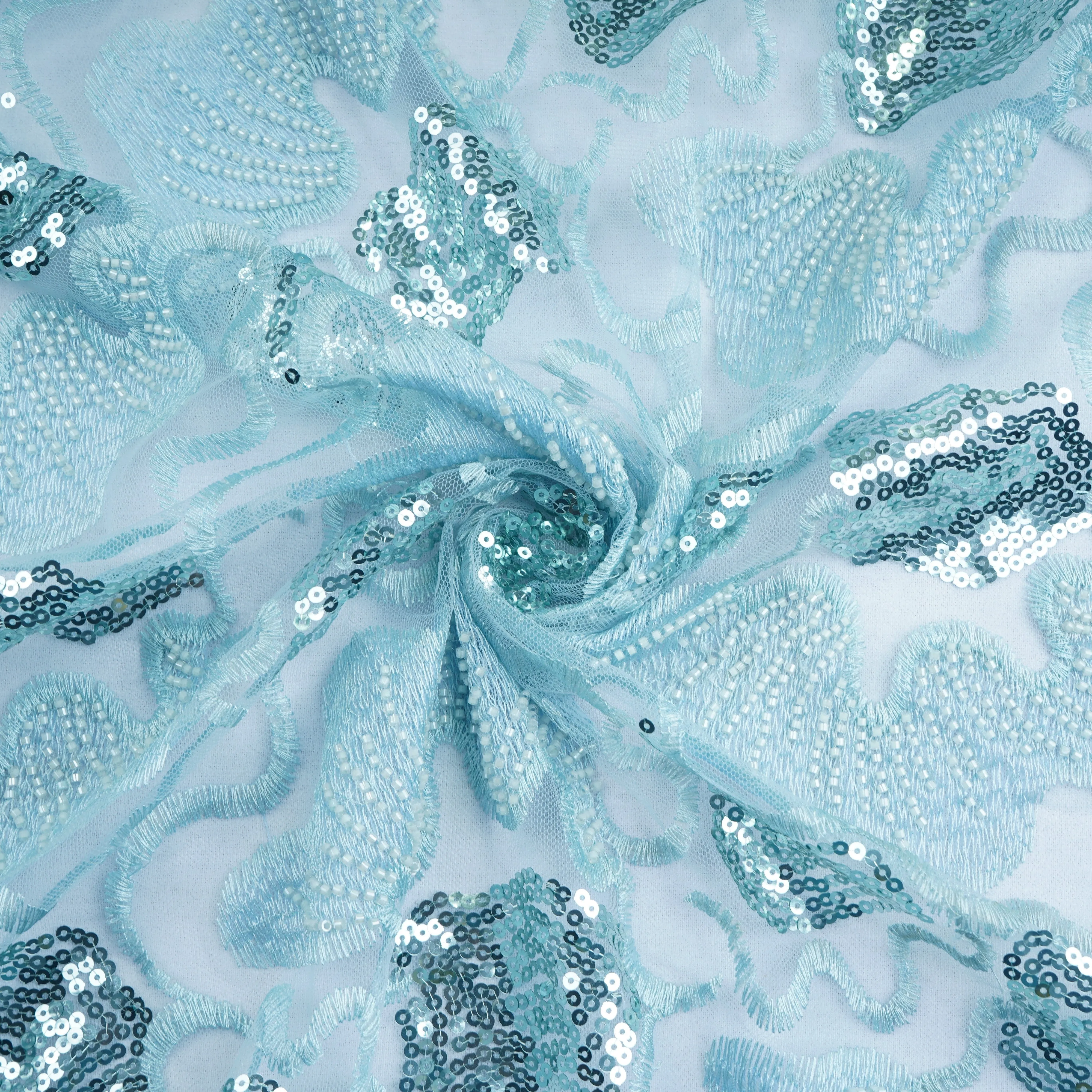 Blue Handwork Bead Imported Floral Sequence Embroidery Net Fabric 9005