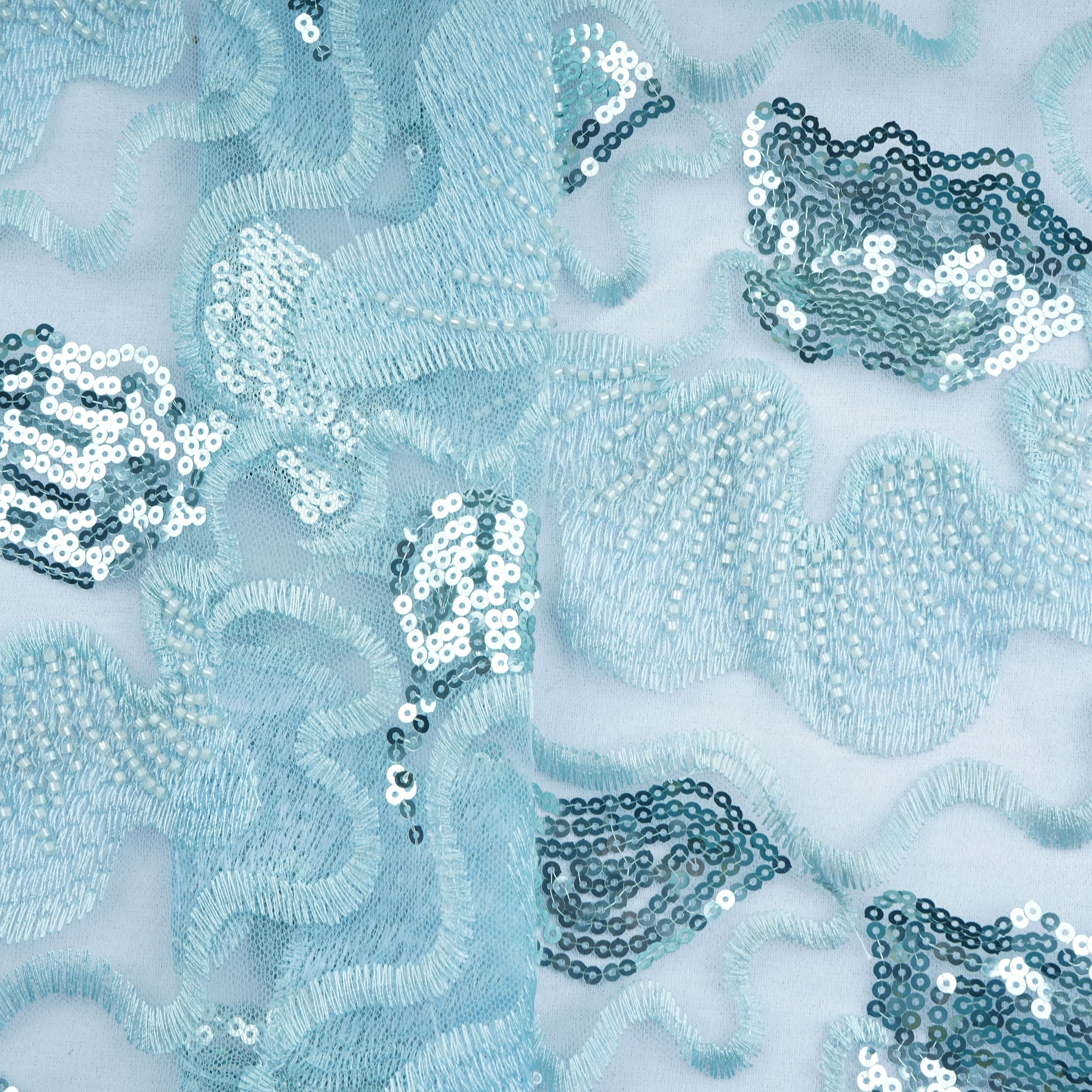 Blue Handwork Bead Imported Floral Sequence Embroidery Net Fabric 9005