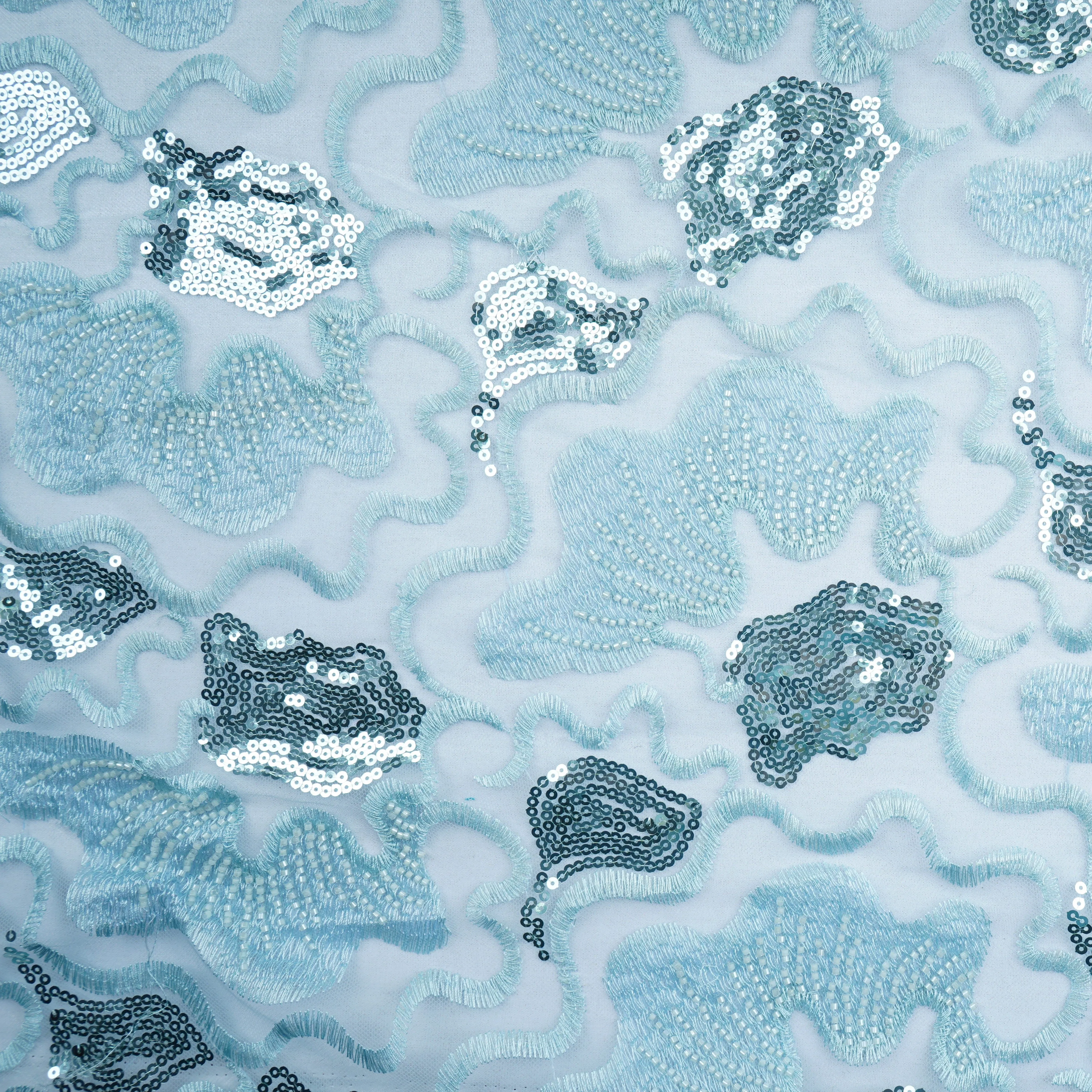 Blue Handwork Bead Imported Floral Sequence Embroidery Net Fabric 9005