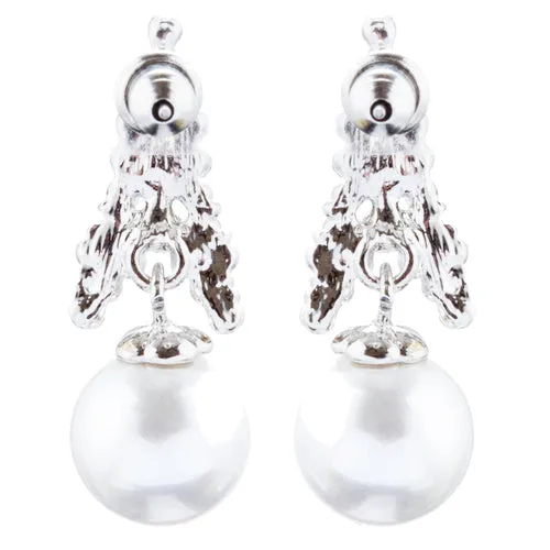 Bridal Wedding Jewelry Crystal Rhinestone Pearl Classic Earrings E1018 Silver