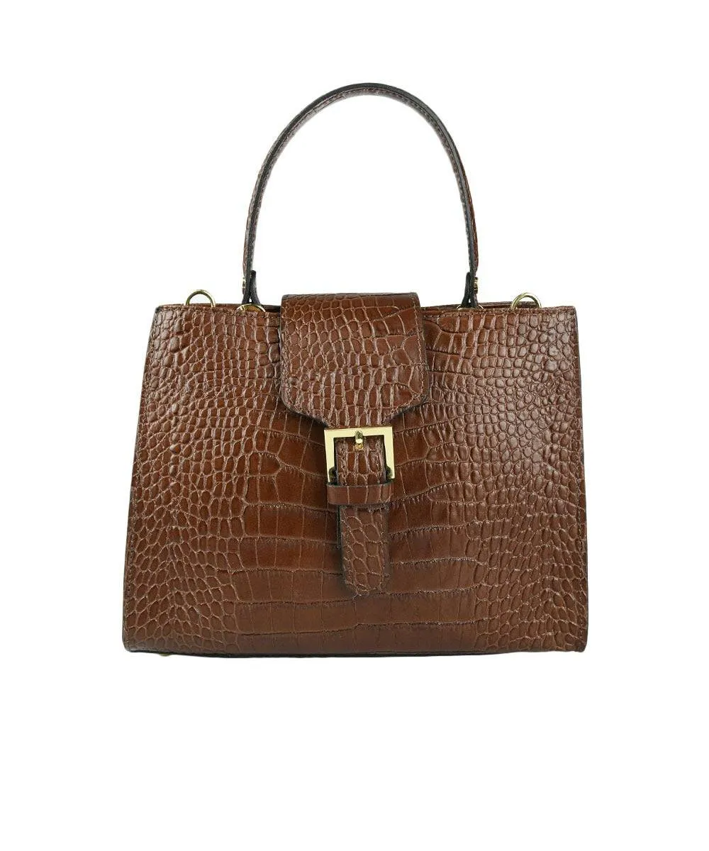 Brown Leather Handbag Detachable Shoulder Strap Croc Embossed Made In Italy