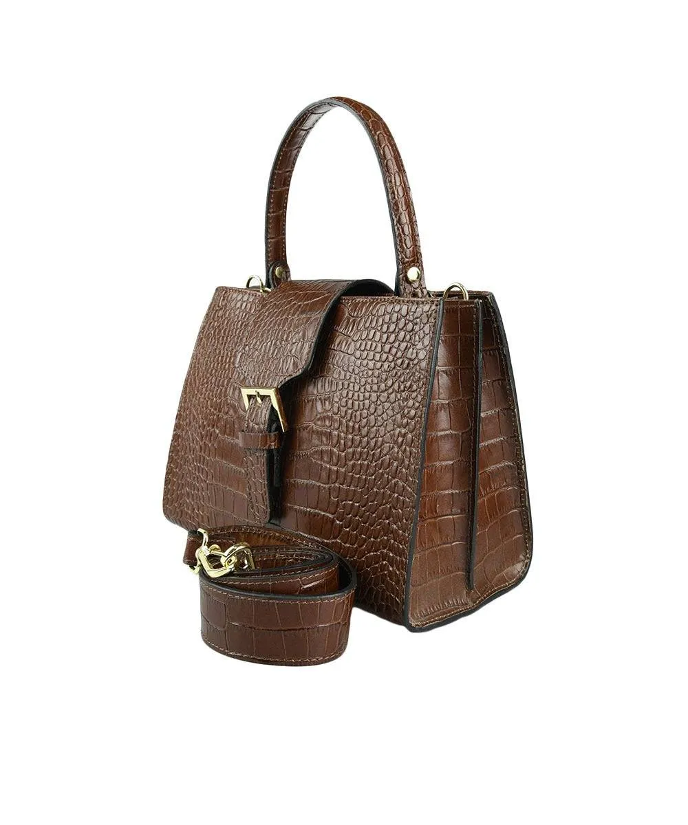 Brown Leather Handbag Detachable Shoulder Strap Croc Embossed Made In Italy