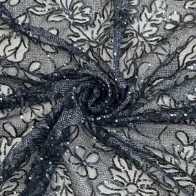 Classic Blue Floral Sequins Embroidery Net Fabric