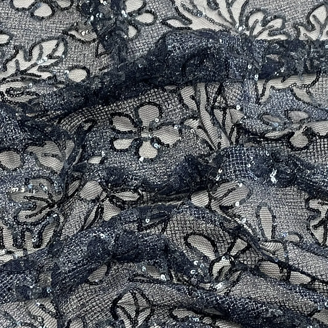 Classic Blue Floral Sequins Embroidery Net Fabric