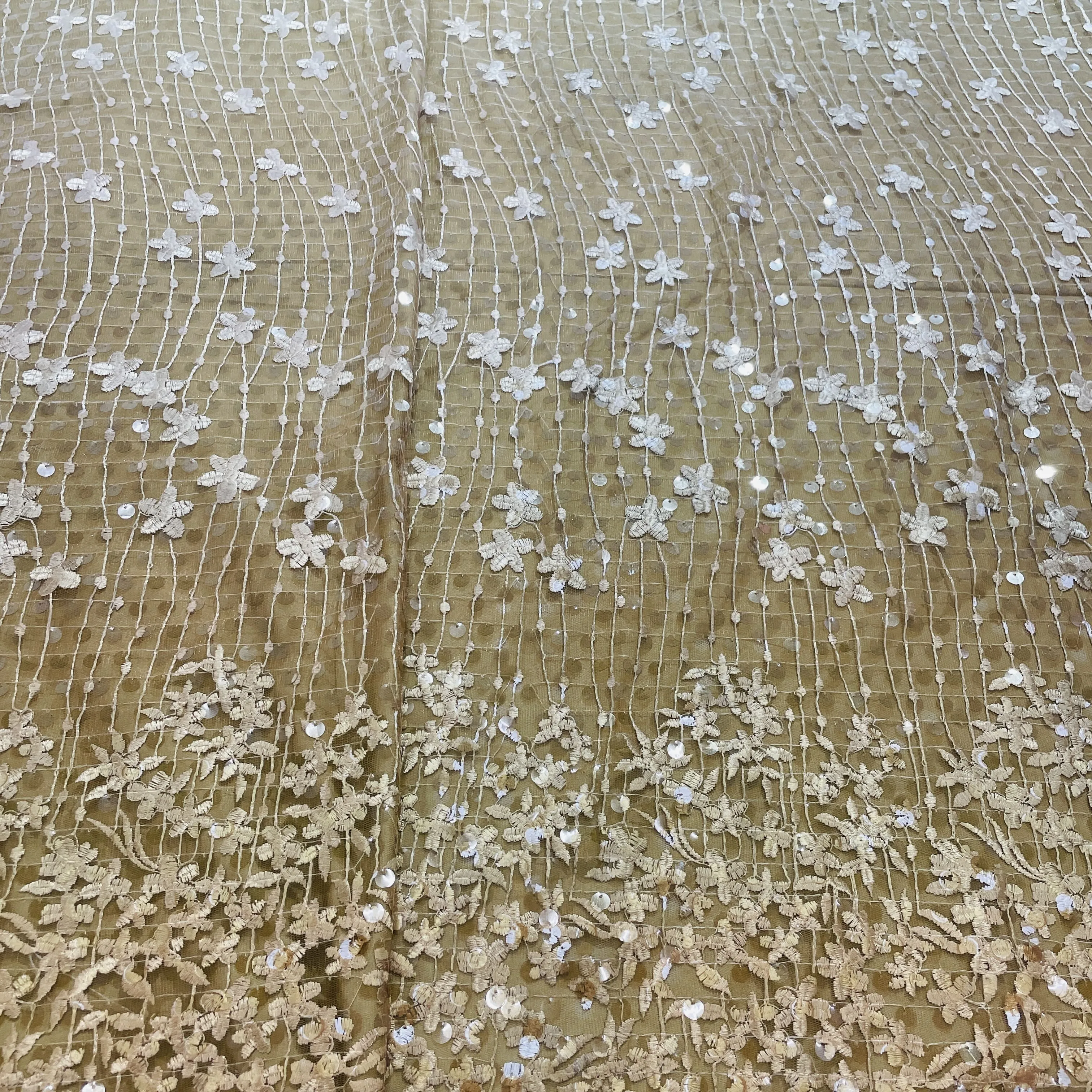 Cream & Brown Ombre Floral Sequins Embroidery Net Fabric