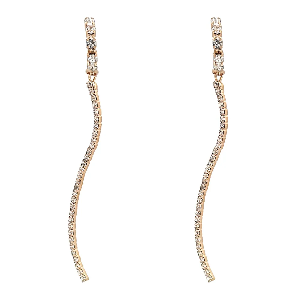 Elegant Crystal Rhinestone Pave Long Linear Wave Drop Dangle Earrings