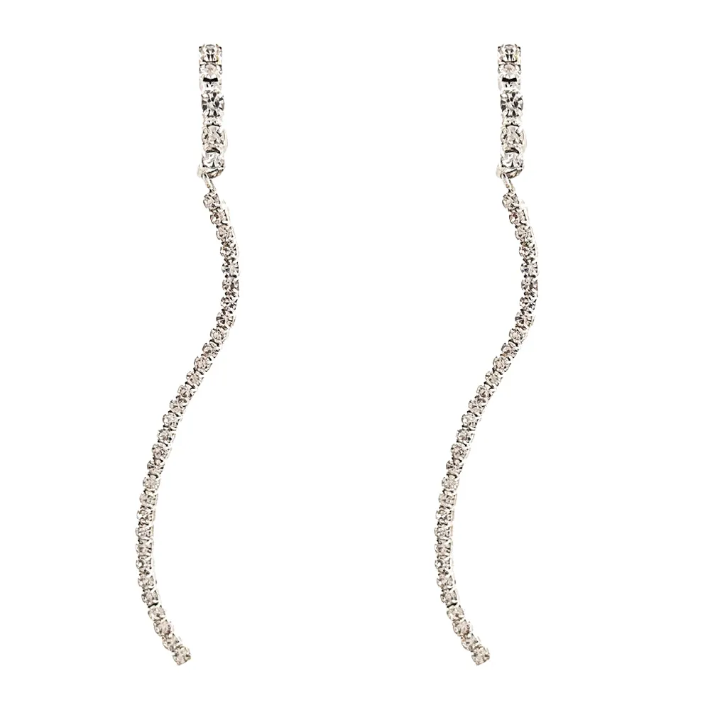 Elegant Crystal Rhinestone Pave Long Linear Wave Drop Dangle Earrings
