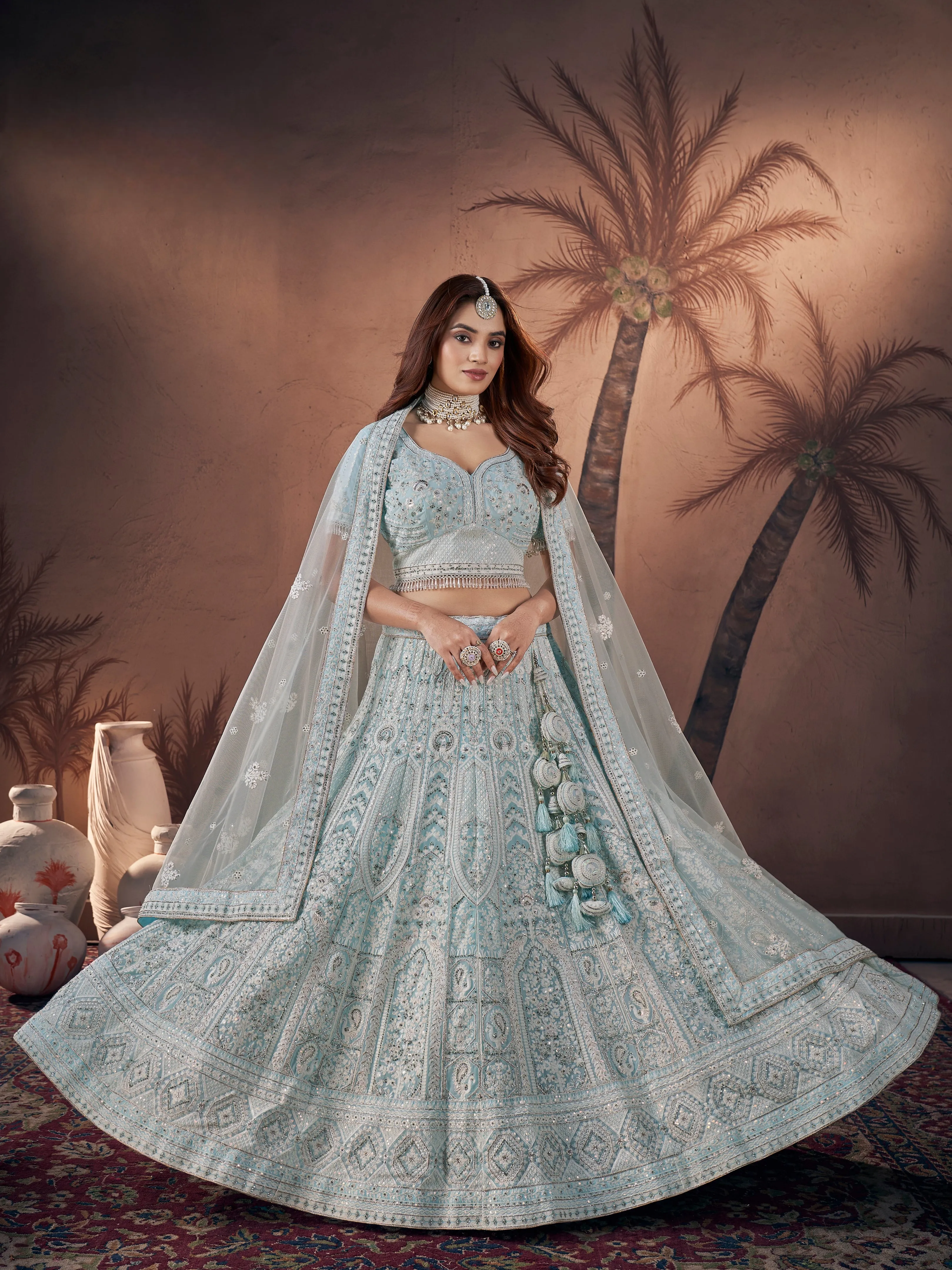 Ice Blue Heavy Handwork Bridal Lehenga