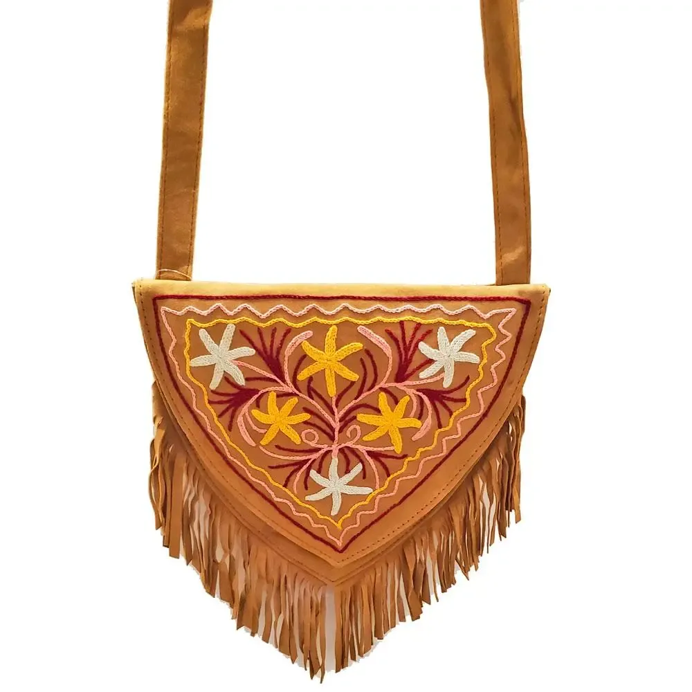 Kashida Embroidery of Bihar Suede Purse with Fringe Tassel Shoulder Bag