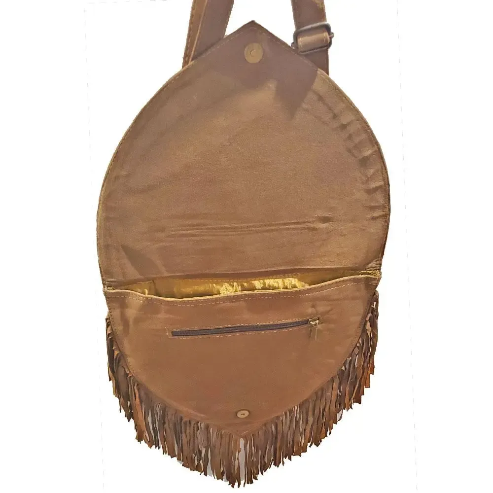 Kashida Embroidery of Bihar Suede Purse with Fringe Tassel Shoulder Bag