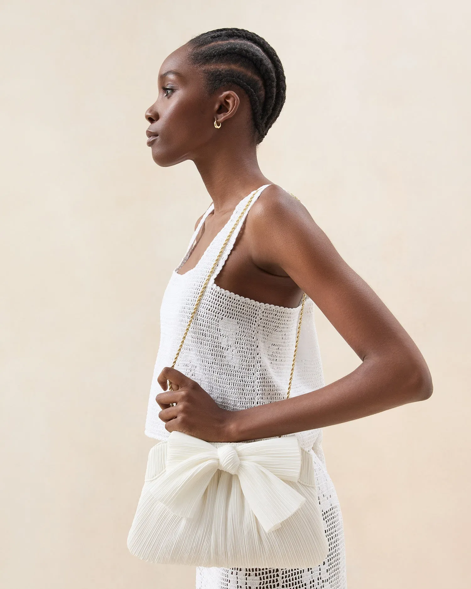 Rayne White Pleated Bow Clutch