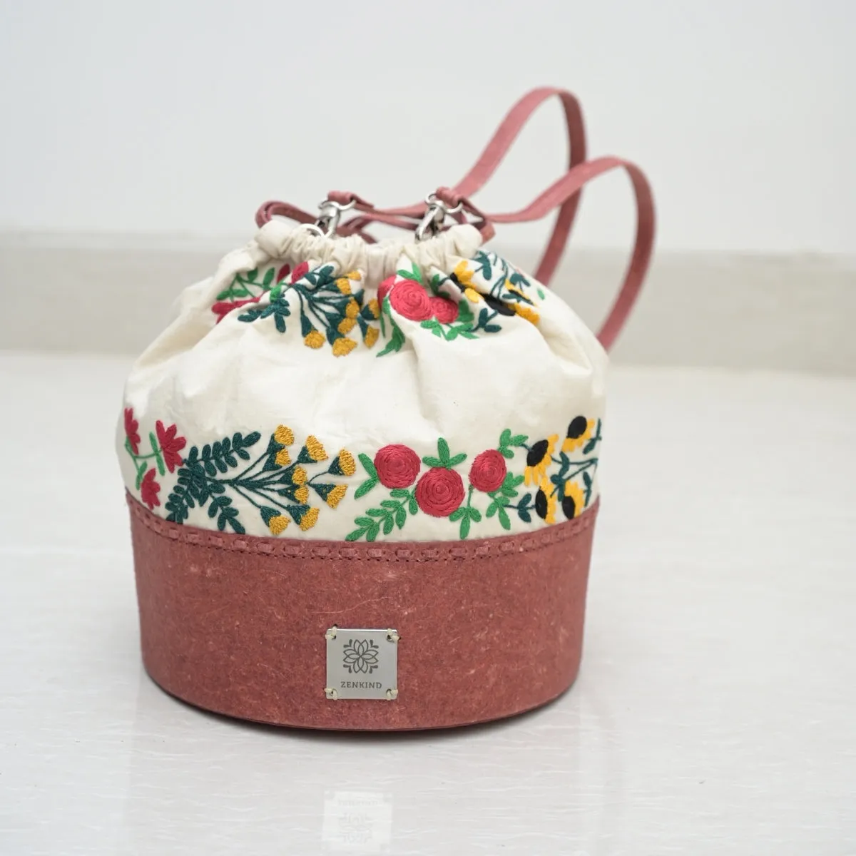 Women Bucket Sling Bag | Cotton & Coconut Leather | Floral Work | Red & Cream