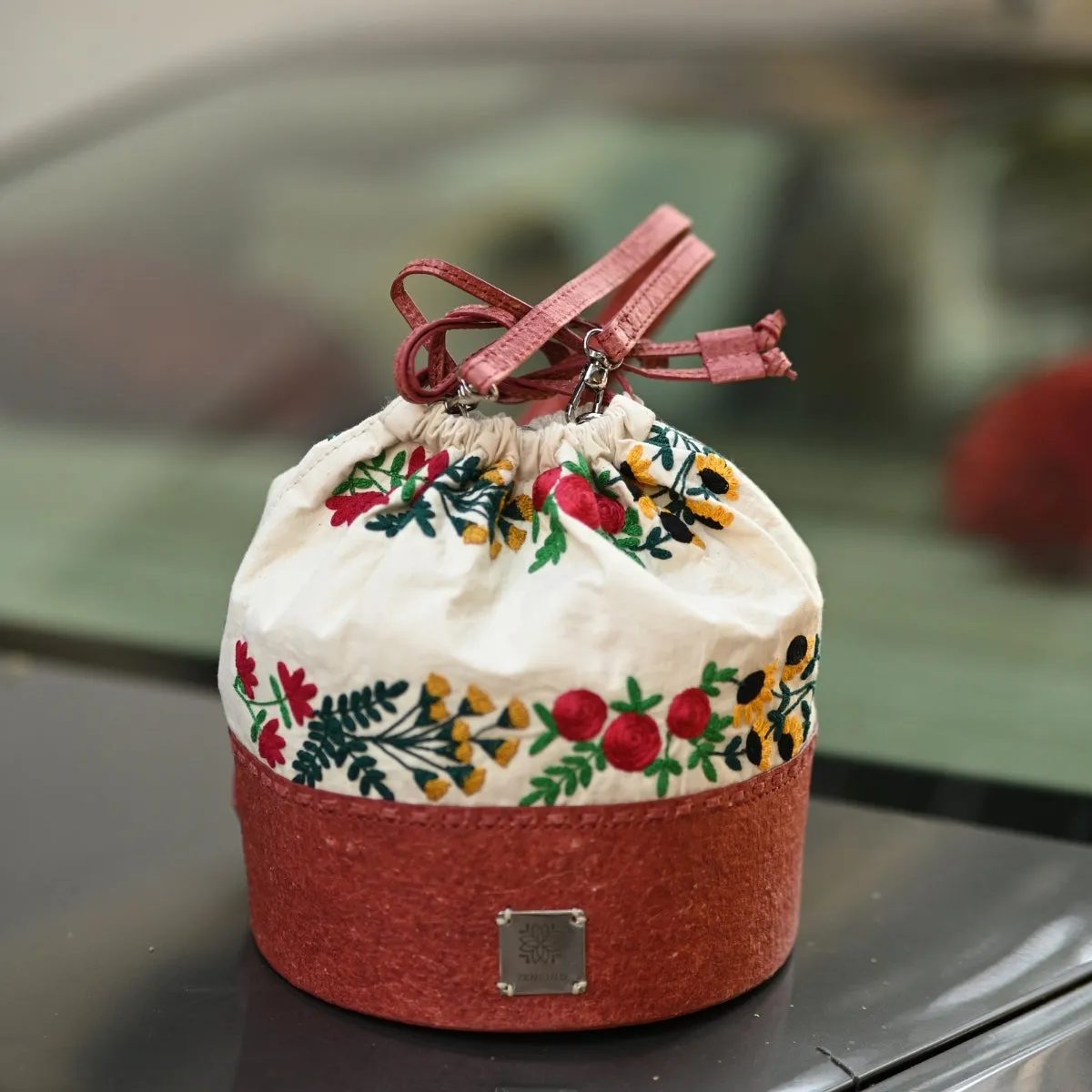 Women Bucket Sling Bag | Cotton & Coconut Leather | Floral Work | Red & Cream