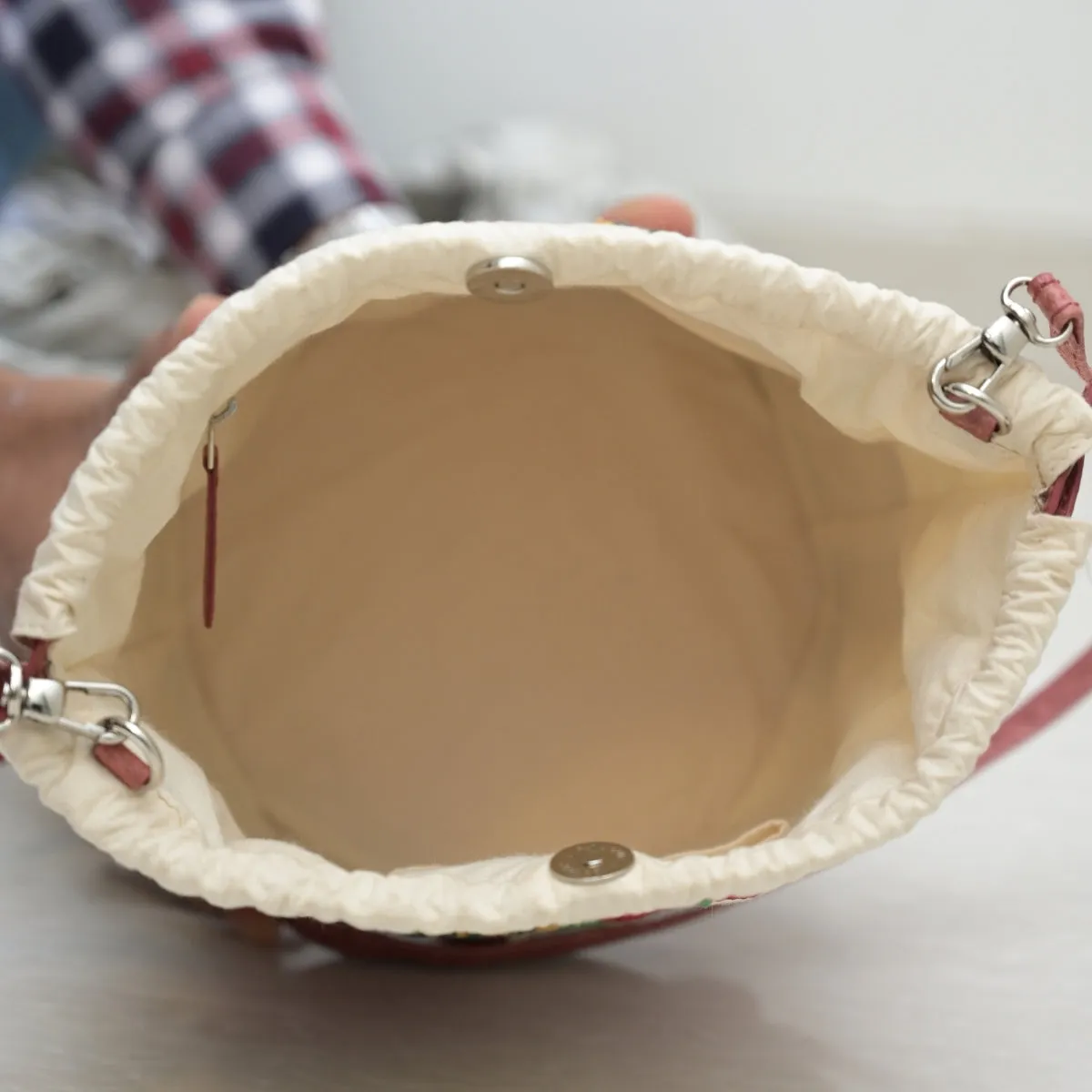 Women Bucket Sling Bag | Cotton & Coconut Leather | Floral Work | Red & Cream