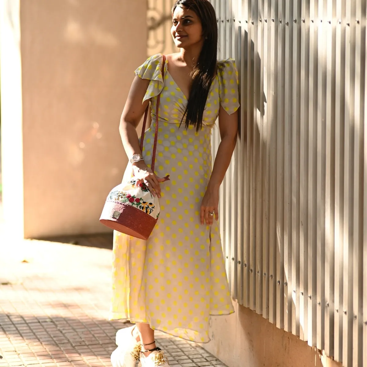 Women Bucket Sling Bag | Cotton & Coconut Leather | Floral Work | Red & Cream