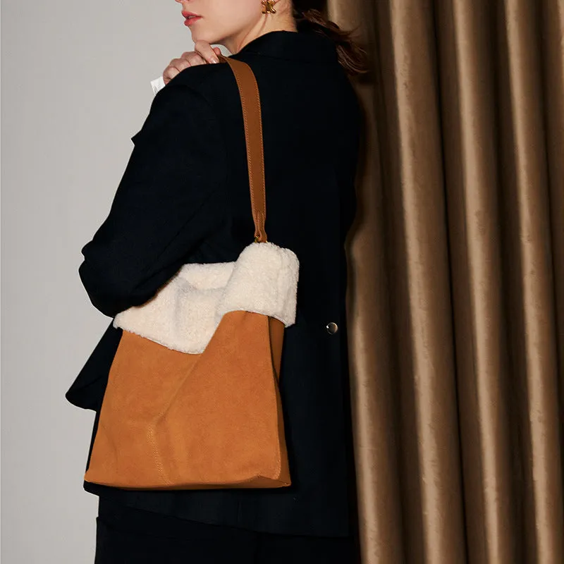 Womens Suede Leather Tote Bag With Faux Fur Shoulder Handbags For Women
