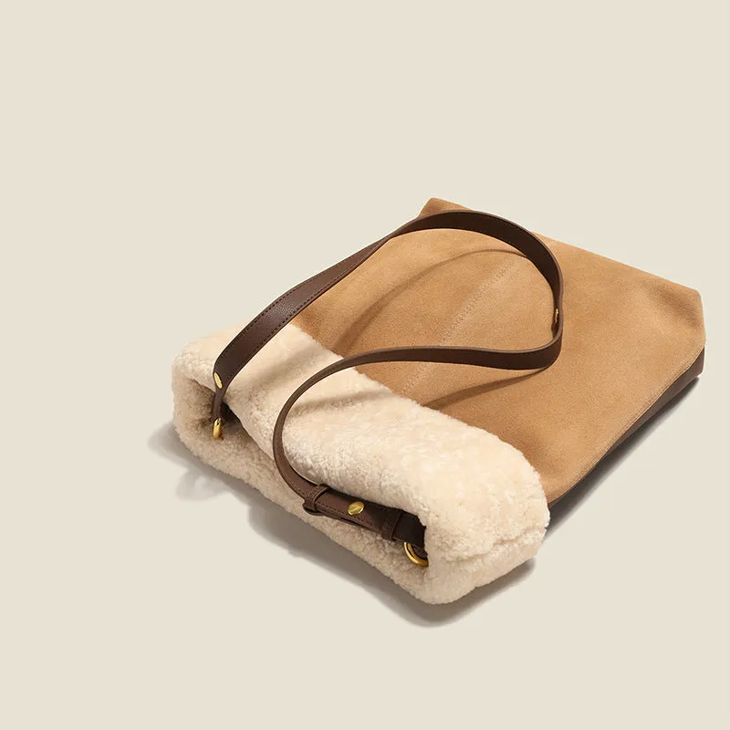 Womens Suede Leather Tote Bag With Faux Fur Shoulder Handbags For Women