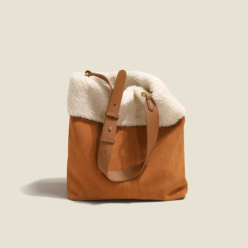 Womens Suede Leather Tote Bag With Faux Fur Shoulder Handbags For Women