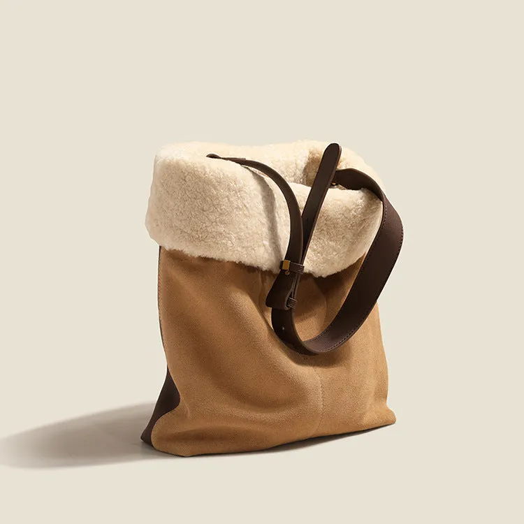 Womens Suede Leather Tote Bag With Faux Fur Shoulder Handbags For Women