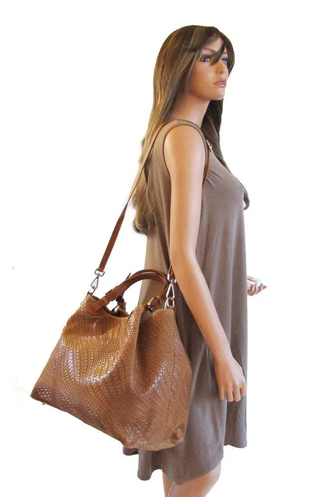 Woven Braided Pattern Tan Leather Large Handbag Handmade In Italy