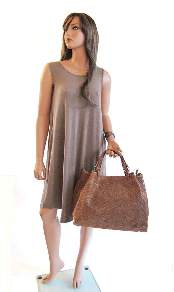 Woven Braided Pattern Tan Leather Large Handbag Handmade In Italy