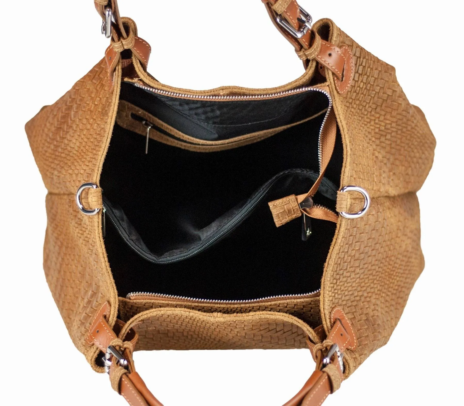Woven Braided Pattern Tan Leather Large Handbag Handmade In Italy