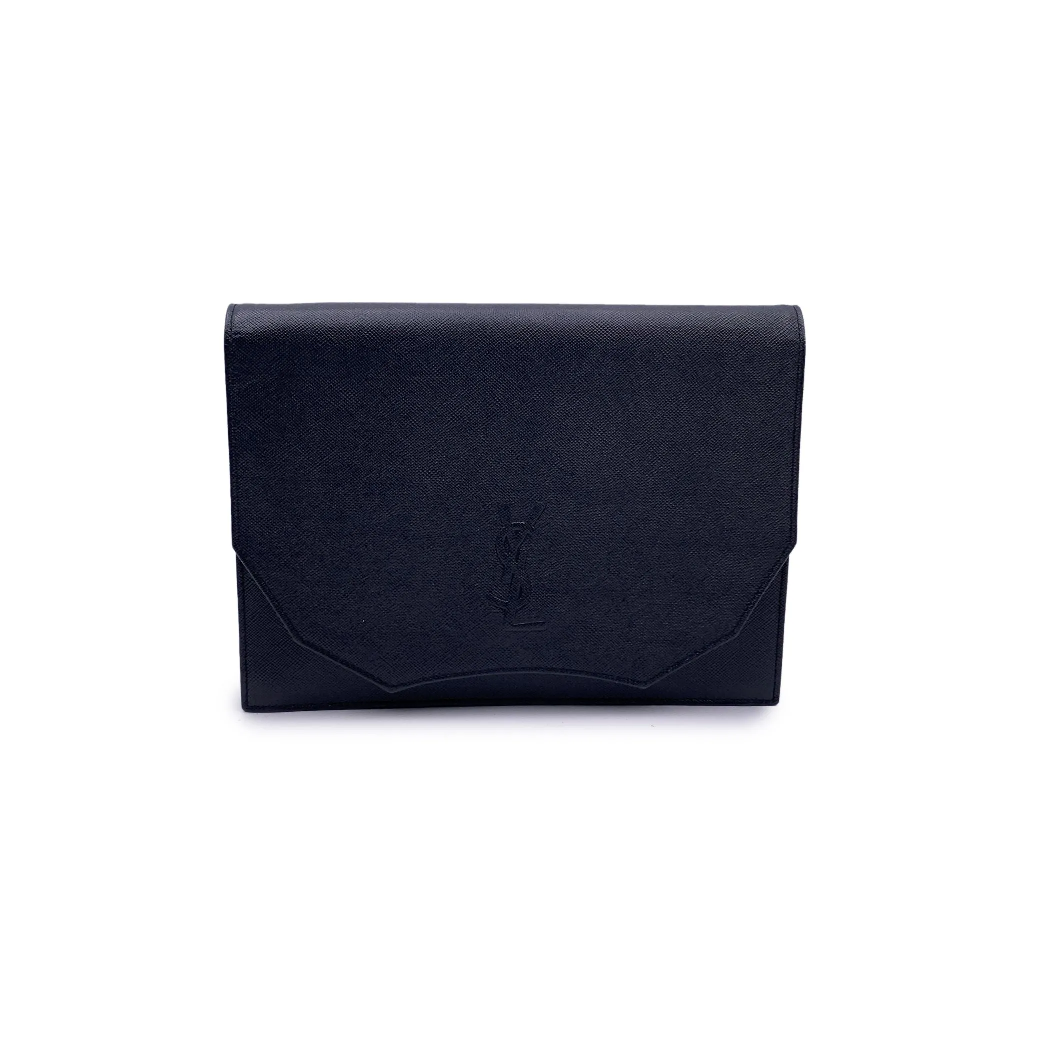 Yves Saint Laurent Vintage Black Saffiano Leather YSL Logo Clutch Bag